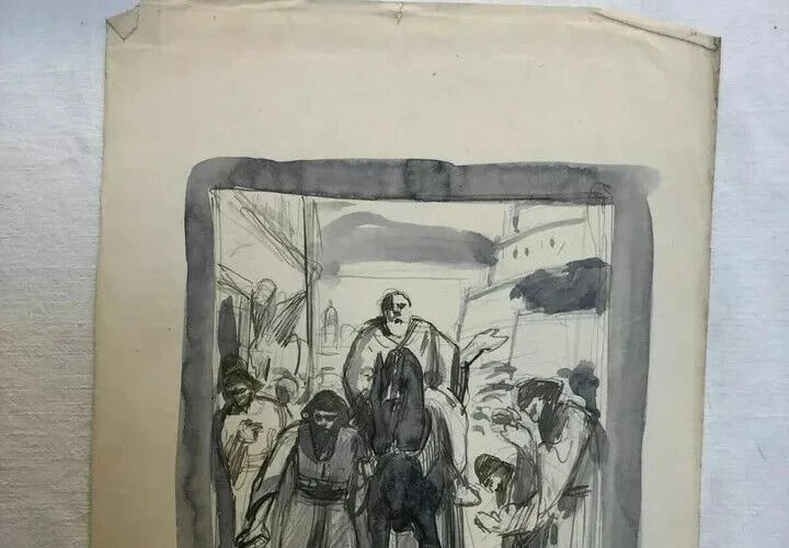 Antique Ink Original Drawing Original Man on Horse, Orientalist Figures - 7