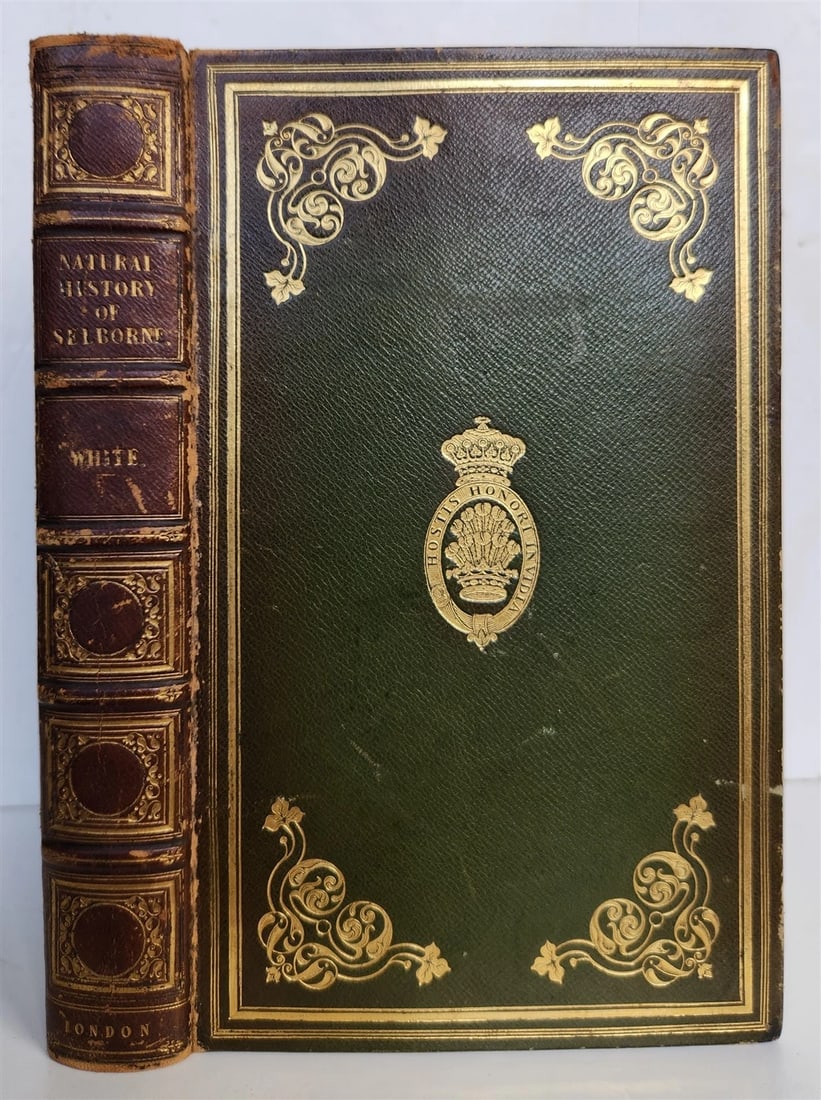1870s NATURAL HISTORY AND ANTIQUITIES of SELBORNE w/ ARMORIAL BINDING ANTIQUE: THE NATURAL HISTORY AND ANTIQUITIES of SELBORNE by late Rev. GILBERT WHITE London; n.d. (c. 1870s) Original decorative green morocco, spine with raised bands decorated in gilt. All edges gilt. The bot