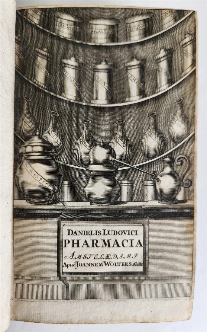 1688 1688 MEDICAL PHARMACY TREATISE De pharmacia moderno ANTIQUE: De pharmacia moderno seculo applicanda; dissertationes III. Editio secunda. Cum augmento & indice locupletissimo. by Danielis Ludovici Amsterdam, Wolters ; 1688 With copperplate title and 1 copperplat