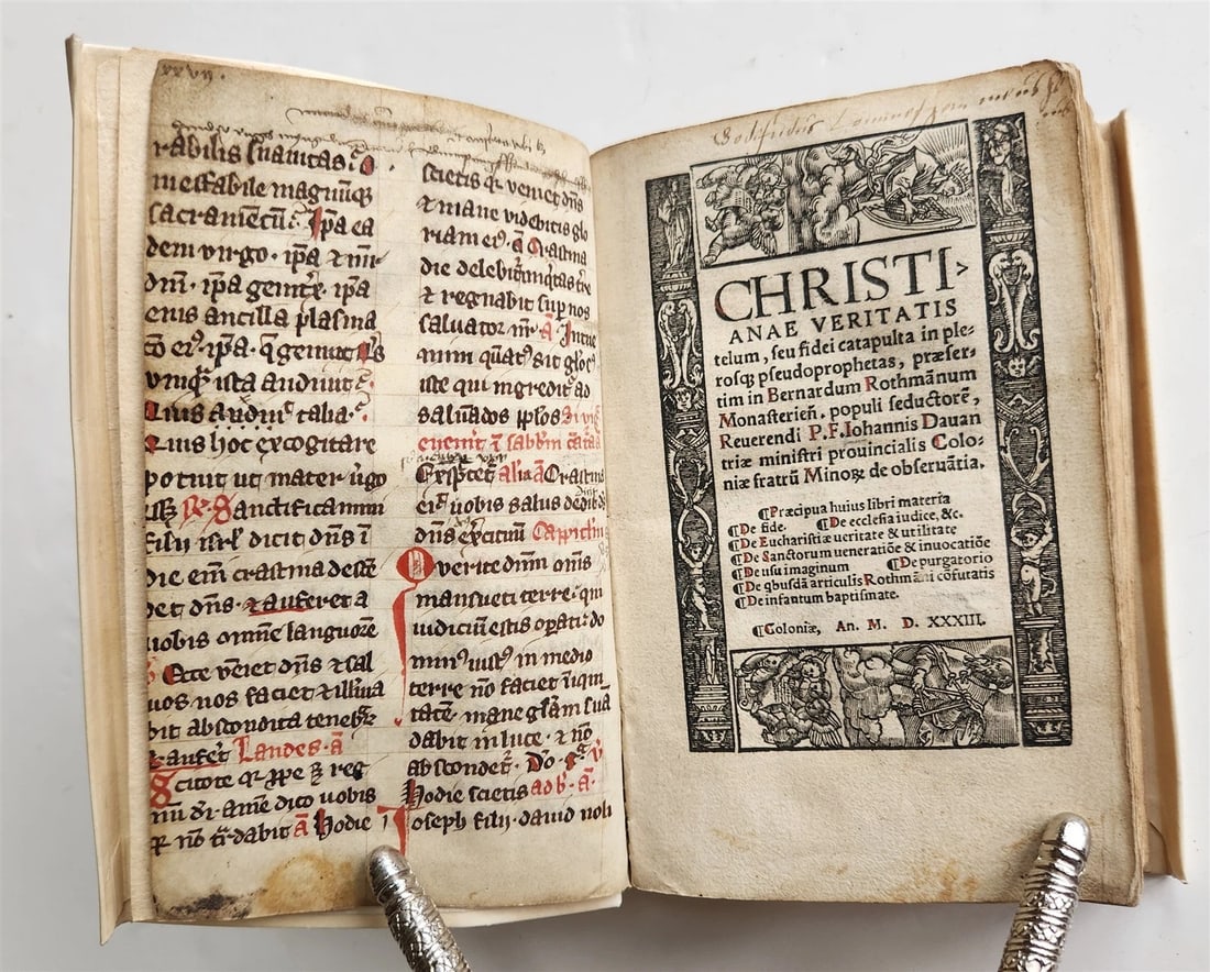 1533 POST-INCUNABULA THEOLOGY in LATIN antique ANCIENT VELLUM MANUSCRIPT BINDING: Christianae veritatis telum, seu fidei catapulta in plerosq[ue] pseudoprophetas, praesertim in Bernardum Rothman[n]um Monasterien[sem] populi seductore[m]. by Johannes Dauen Cologne, (Melchior von Neu