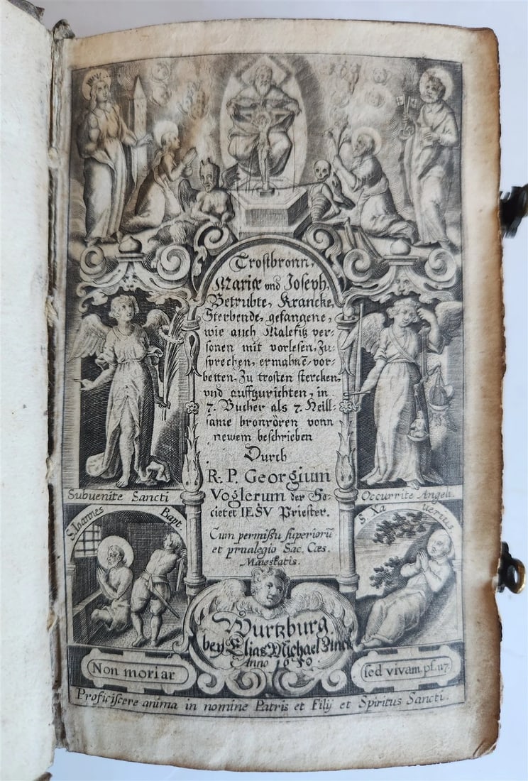 1650 PRAYER BOOK Vogler ILLUSTRATED antique DECORATIVE PIGSKIN BINDING w/ CLASPS: R.P Georgium Voglerum Trostbronn, Mariae und Joseph, Betrübte, Krancke, Sterbende, gefangene, wie auch Malefitz personen mit vorlesen, Zusprechen, ermahnen, vorbetten, Zu trosten, stercken und au