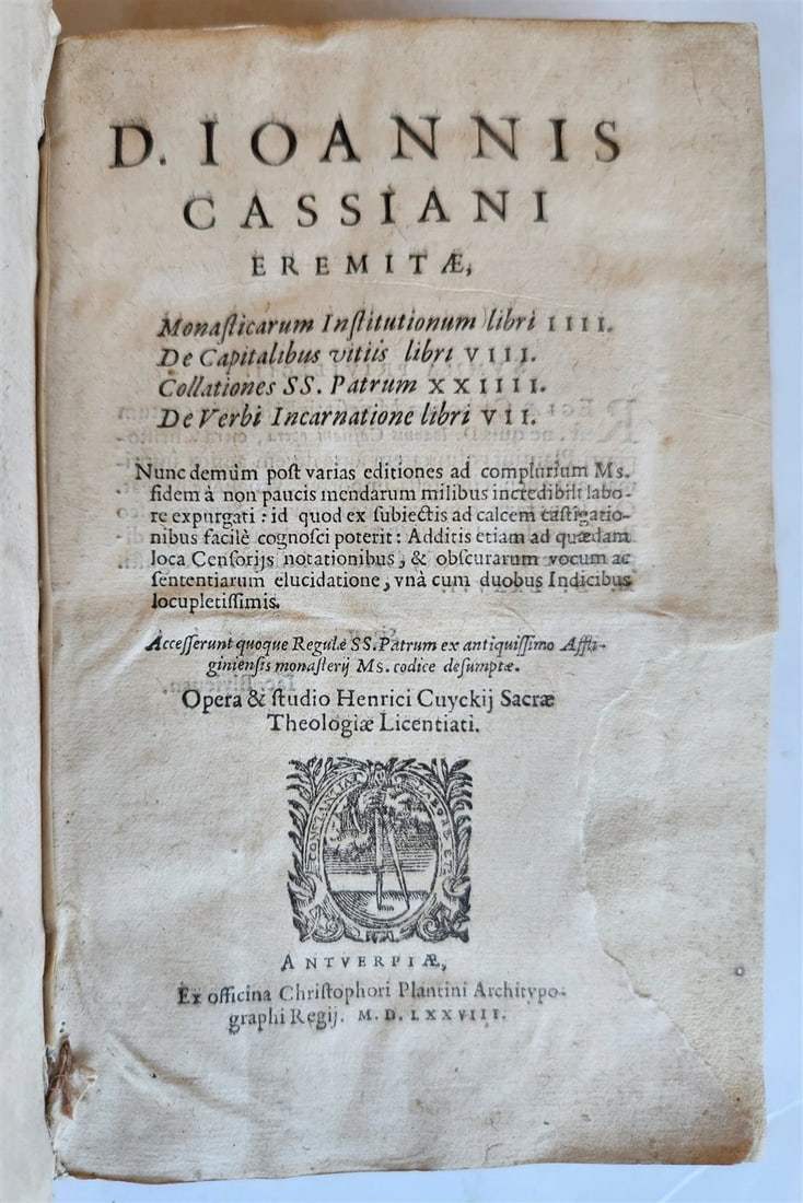 1578 WORK by JOHN CASSIAN antique VELLUM 16th CENTURY Monasticarum institutionum: D. Ioannis Cassiani (Opera). Monasticarum institutionum lib. IIII. De capitalibus vitiis lib. VIII. Collationes SS. patrum XXIIII. De verbi incarnatione lib. VII. Opera et studio H. Cuyckij. 2 parts i