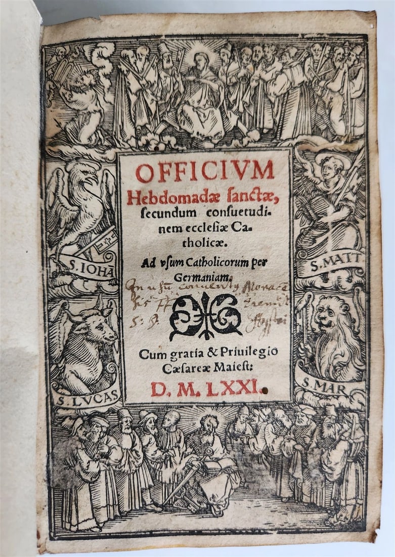 1571 LITURGY ILLUSTRATED Office of Holy Week antique ORIGINAL 16th CENT. BINDING: (Langotl,C.). Officium hebdomadae sanctae, secundum consuetudinem ecclesiae Catholicae. Ad usum Catholicorum per Germaniam (Office of Holy Week, according to the custom of the Catholic Church. For the