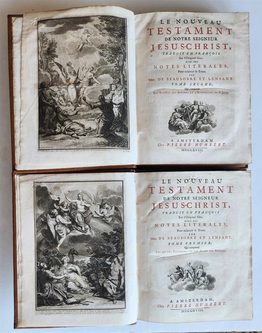 1718 BIBLE in FRENCH 2 volumes NEW TESTAMENT antique ILLUSTRATED w/ MAPS: Beausobre,I. &. J.Lenfant. Le Nouveau Testament de notre Seigneur Jesus-Christ. 2 volumes. Amsterdam, Humbert ; 1718 With 2 engraved frontispieces and 2 fold-out maps. 5 leaves, 188, 490 pp.; 1 leaf,