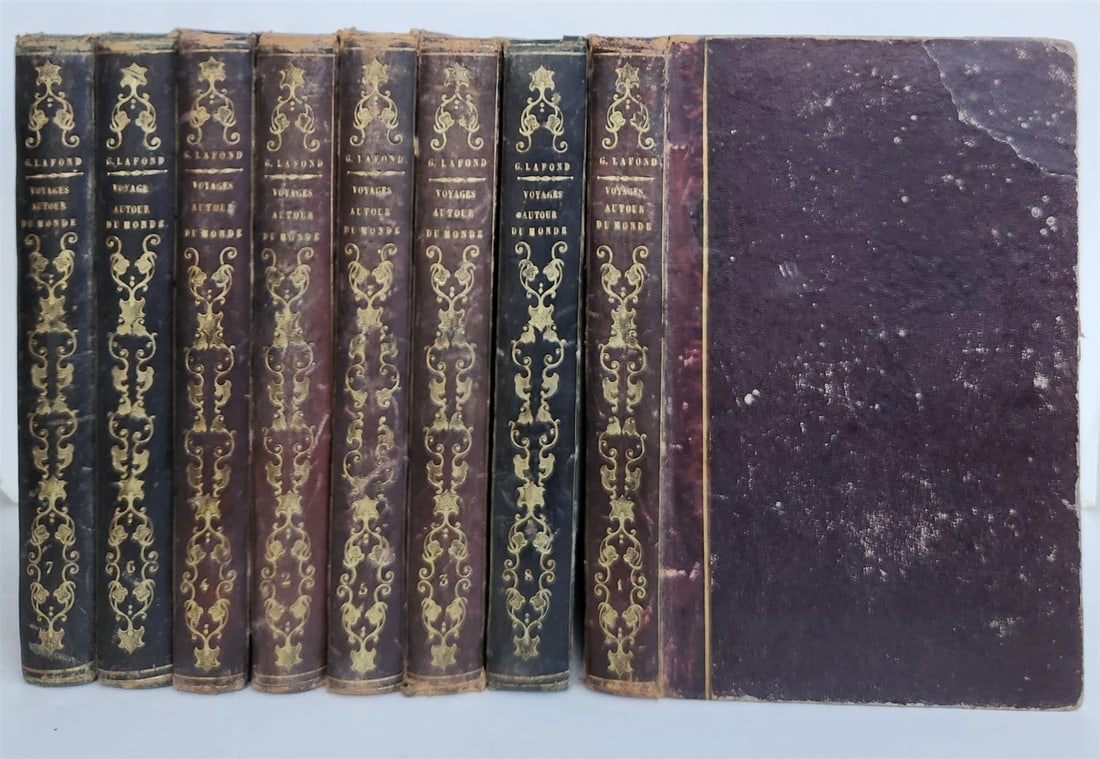 1843 TRAVELS to AMERICA CHINA INDIA 8 vols ILLUSTRATED antique in FRENCH: Voyages autour du monde et naufrages celebres. 8 volumes. Paris, Pourrait; 1843-44. With 70 (of 79) steel plates, some hand colored Original half-leather bindings with gilt spines. - Cf. Sabin 38606 (