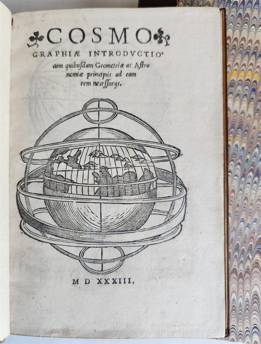 1533 POST-INCUNABULA COSMOGRAPHIA by PETRUS APIANUS antique ILLUSTRATED: Petrus Apianus (1495-1552) Cosmographiae Introductio. Venice: Per Io. Antonium & Fratres de Sabio, sumptu & requisitione D. Melchioris Sessae; 1533 woodcut of globe on title, illustrated with text woo
