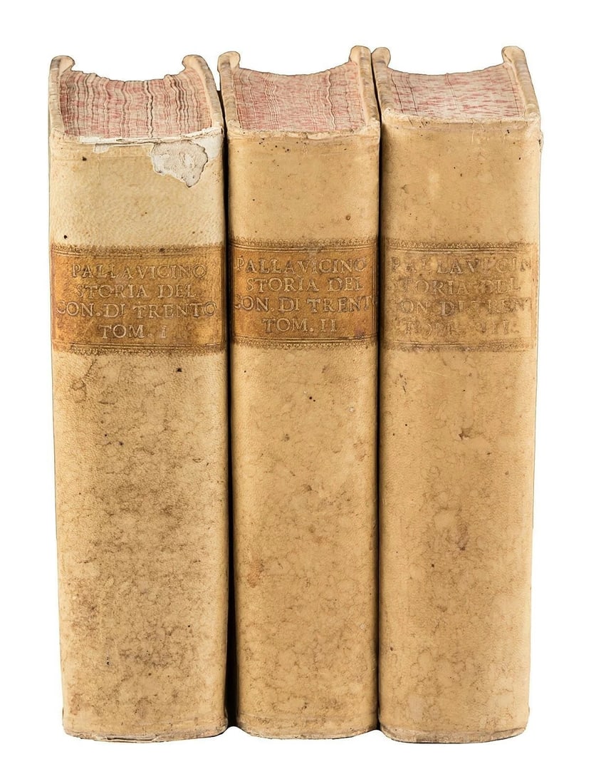 3 VELLUM BOUND 1745 ANTIQUE VOLUMES HISTORY OF TRENT COUNCIL in ITALIAN: Istoria del Concilio di Trento scritta dal padre Sforza Pallavicino... divisa in tre parti by Pallavicino, Pietro Sforza, Cardinal Printed in Milan by Appresso Giuseppe Marelli in 1745 3 volumes. [20]