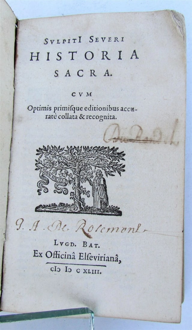 1643 SULPITI SEVERI HISTORIA SACRA antique VELLUM BOUND ELZEVIR PRESS: ELZEVIER, 1643 SULPITI SEVERI HISTORIA SACRA Cum optimis primisque editionibus accurate collata & recognita ex Officina Elzeviriana, Lugd. Bat., 1643. Size 3 by 5 1/4" Vellum binding. Latin text. Very