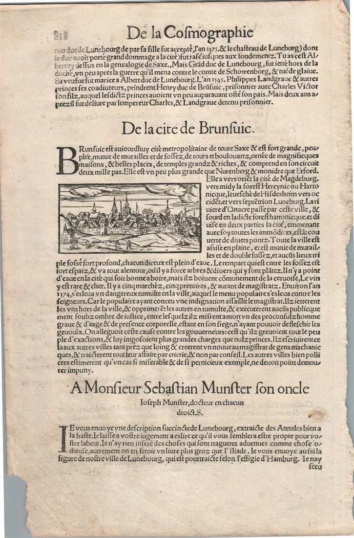 1575 BRUNSWICK GERMANY from BELLEFOREST EDITION of MUNSTER COSMOGRAPHY: Francois de Belleforest (1530 – 1583) Description and small view of BRUNSUIK (BRUNSWICK) , GERMANY from 1575 Belleforest revised French edition of Munster’s cosmography under the title 