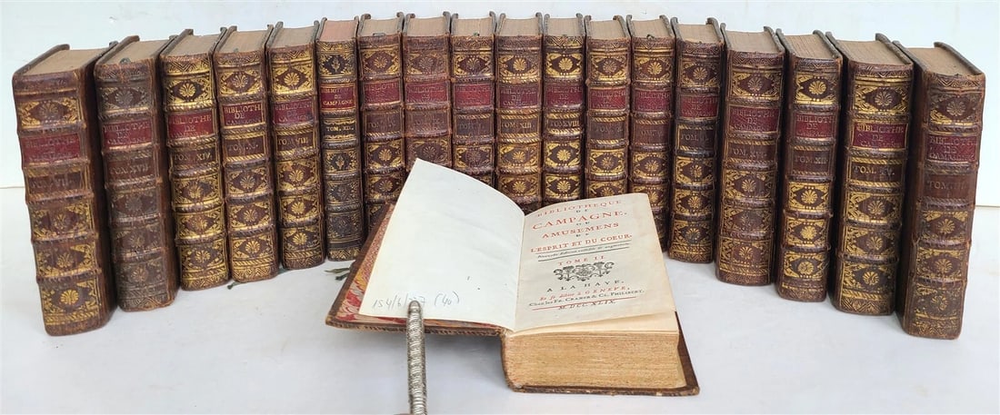 1749 BIBLIOTHEQUE DE CAMPAGNE 19 VOLUMES antique in FRENCH DECORATIVE BOUND (1 of 8)
