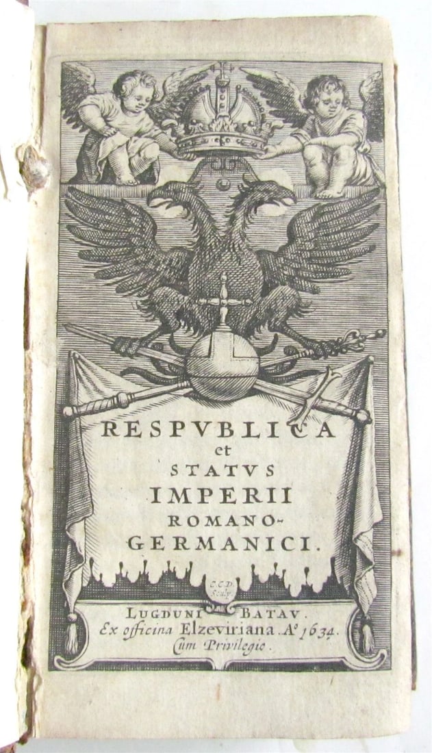 1634 Respublica et status imperii Romano-Germanici antique: Respublica et status imperii Romano-Germanici Lugduni Batav. : ex officina Elzeviriana, 1634 Size 2 1/2 by 4 1/4" Full calf binding 408 pages Very good interior condition, front cover is detached Text