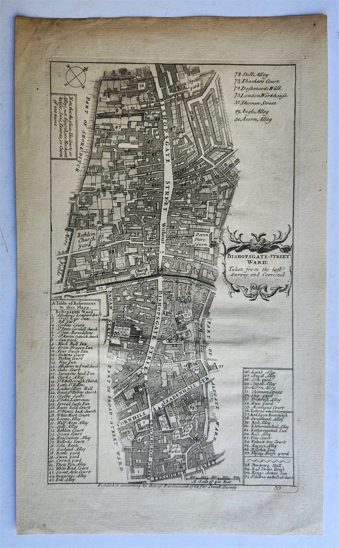 1754 MAP of LONDON antique BISHOPGATE STREET WARD: BISHOPGATE STREET WARD taken from the last survey and corrected [London; c.1754] Copper engraving Size (including margins): 9 by 14 3/4 inches Reserve: $93.00 Shipping: Domestic: Flat-rate