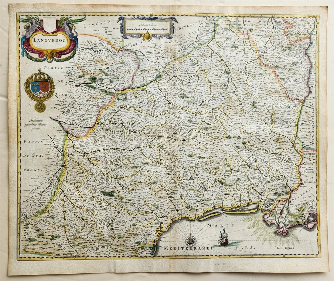 1640 MAP of FRANCE LANGUEDOC by WILLEM BLAEU antique AUTHENTIC hand colored: MAP LANGUEDOC Amsterdam: Willem Blaeu; 1640. (from : Theatrum orbis terrarum, sive Atlas novus) Map of FRANCE: Languedoc-Roussillon Hand colored Size of the plate 17 by 21 inches Overall 19 by 22.5 in