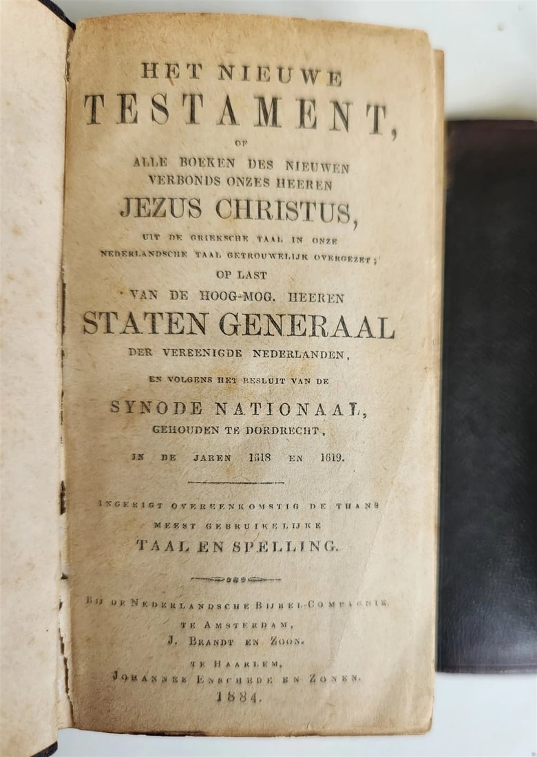 1884 BIBLE in DUTCH antique NEW TESTAMENT w/ PSALMS: HOLY BIBLE NEW TESTAMENT Amsterdam - Haarlem; 1884 Original wallet style leather binding. All edges are gilt. lacking lock, otherwise good condition Size: 2.5 by 4.5 inches Text in Dutch Reserve: $93