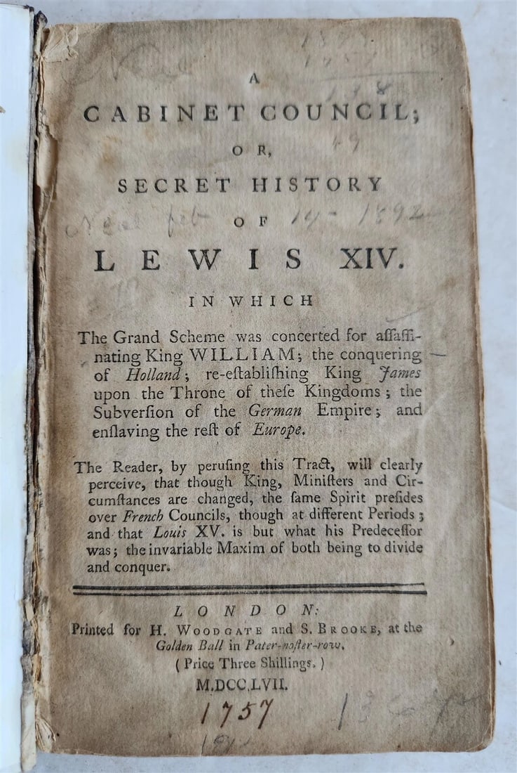 1757 CABINET COUNCIL or SECRET HISTORY of LEWIS XIV antique in ENGLISH (1 of 5)