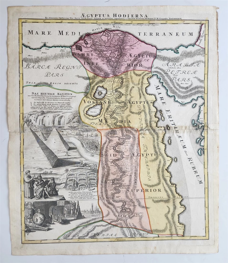 1720 MAP of EGYPT by JOHANN HOMANN antique AEGYPTUS HODIERNA: AEGYPTUS HODIERNA MAP of EGYPT by Johann Baptist Homann Nuremberg; 1720 Size (incl. margins) 20.5 by 24 inches Very good condition except some repair at the center fold Reserve: $236.00 Shipping: