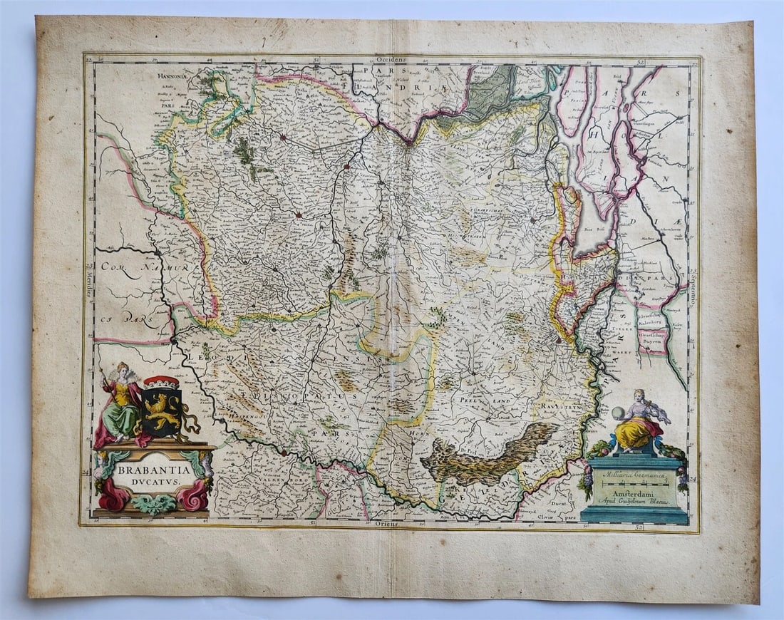 1640 BRABANT BELGIUM MAP by WILLEM BLAEU antique AUTHENTIC hand colored: MAP BRABANTIA DUCATUS BELGIUM Amsterdam: Willem Blaeu; 1640. (from : Theatrum orbis terrarum, sive Atlas novus) Hand colored Overall 18 by 22.5 inches good condition, some wear 100% authentic Reserve: