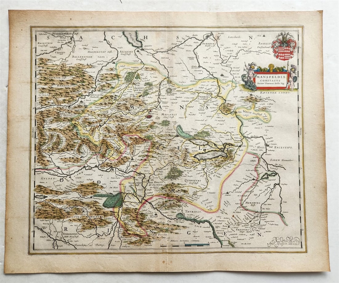 1640 MAP of GERMANY MANSFELD REGION WILLEM BLAEU antique AUTHENTIC hand colored: MAP MANSFELDIA COMITATUS Amsterdam: Willem Blaeu; 1640. (from : Theatrum orbis terrarum, sive Atlas novus) Map of Germany: Mansfeld region Hand colored Size of the plate 16 by 19 1/8 inches Overall 18
