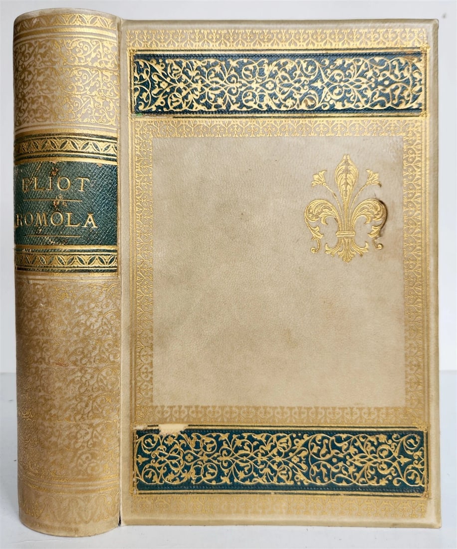 1863 ROMOLA by GEORGE ELIOT antique ILLUSTRATED w/ TIPPED IN PHOTOS: ROMOLA by GEORGE ELIOT William Blackwood and Sons Edinburgh and London, n.d (c. 1875) Original embossed vellum, spines and covers decorated in gilt. decorative endpapers, gilt edges With binder label: