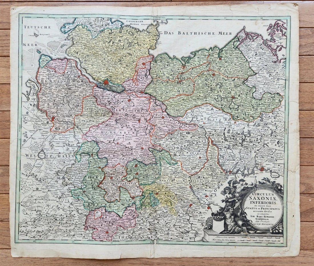 1740s GERMANY antique MAP SAXONIAE INFERIORI: Johann Baptista Homann Germany, ca. 1664–1724 GERMANY Circulus SAXONIAE INFERIORIS Nuremberg: Homann; c. 1740s Size 20.5 by 23.5 inches good condition, repaired margin and fold Reserve: $190.00