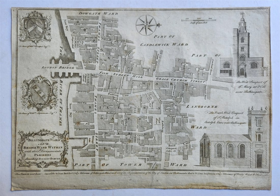 1754 MAP of LONDON antique BILLINGSGATE WARD and BRIDGE WARD WITHIN PARISHES: BILLINGSGATE WARD and BRIDGE WARD WITHIN with their division into parishes according to a new survey [London; 1754] Copper engraving Size (including margins): 10 1/3 by 14 1/4 inches Reserve: $93.00