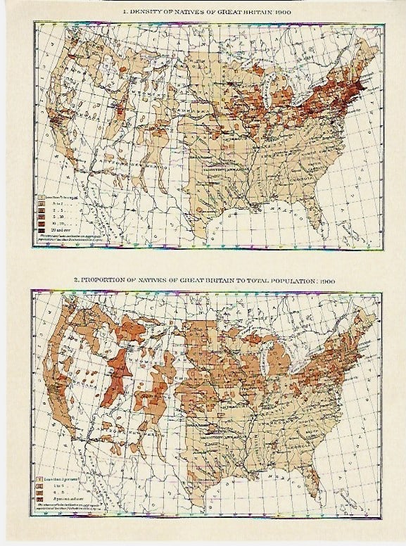 1900 Census Map of British Natives in the US -- Density of Natives of Great Britain [with]: Title:1900 Census Map of British Natives in the US -- Density of Natives of Great Britain [with] Proportion of Natives of Great Britain…,li>Cartographer:US Census Bureau Year/Place:1900, Washing