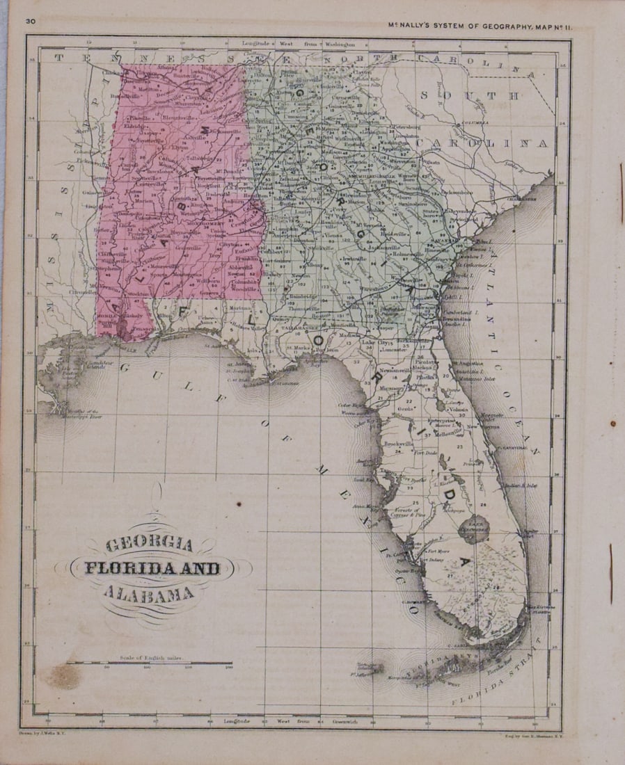 1866 McNally Map of Southern US -- Map of Georgia, Florida and Alabama: Title:1866 McNally Map of Southern US -- Map of Georgia, Florida and Alabama,li>Cartographer:McNally & Co. Year/Place:1866, New York Map Dimension (in.):10.6 X 8.3 in. Description:This is a fine map o