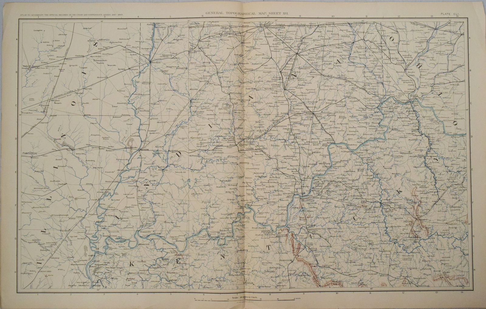1893 Civil War Map of the Ohio Valley including Kentucky, Ohio, Indiana and Illinois -- General: Title:1893 Civil War Map of the Ohio Valley including Kentucky, Ohio, Indiana and Illinois -- General Topographical Map Sheet XVI [Plate CLI],li>Cartographer:US War Department Year/Place:1893 Map Dime