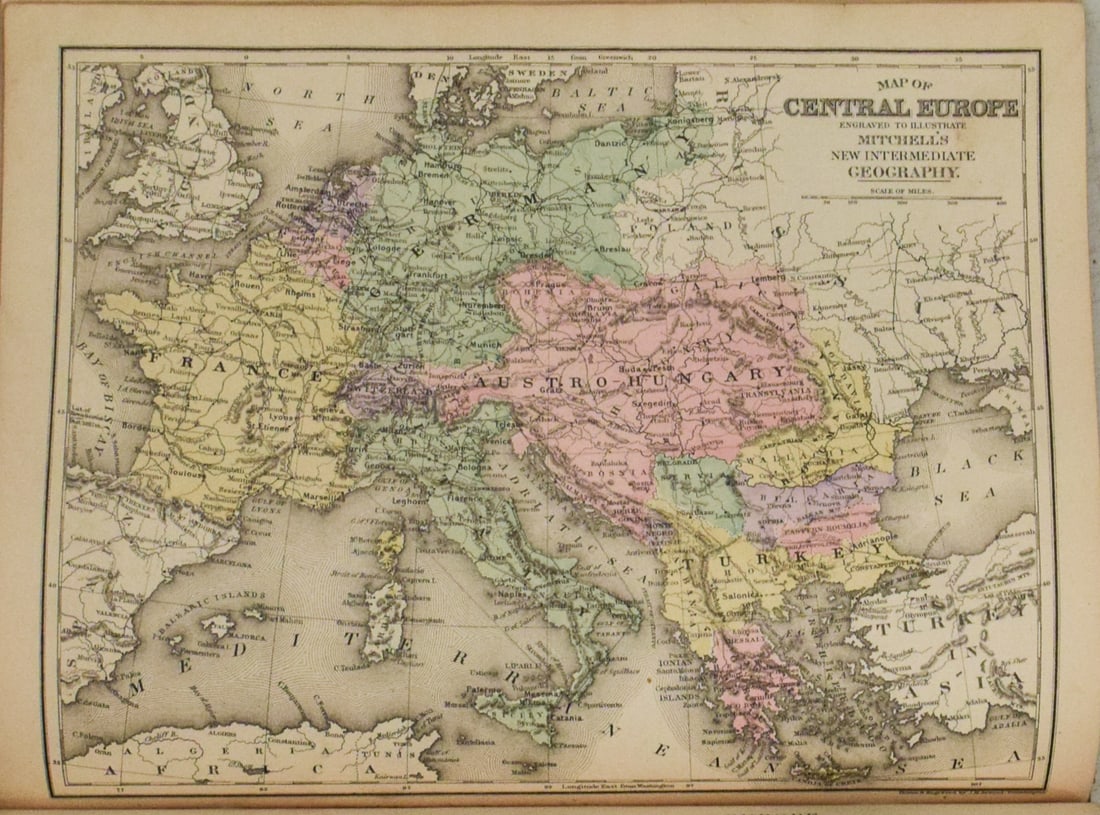1891 Mitchell Map of Central and Southern Europe -- Map of Central Europe… (1 of 1)