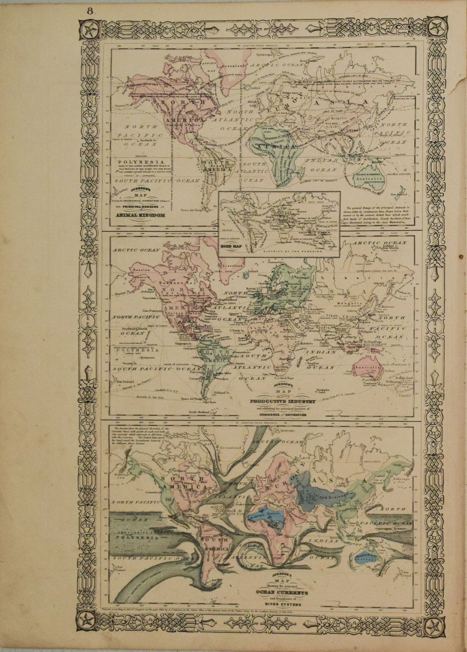 1866 Johnson Map of the World Illustrating the Animal Kingdom, Productive Industry and Ocean: Title:1866 Johnson Map of the World Illustrating the Animal Kingdom, Productive Industry and Ocean Currents,li>Cartographer:Johnson and Ward Year/Place:1866, New York Map Dimension (in.):17 X 10.5 in.