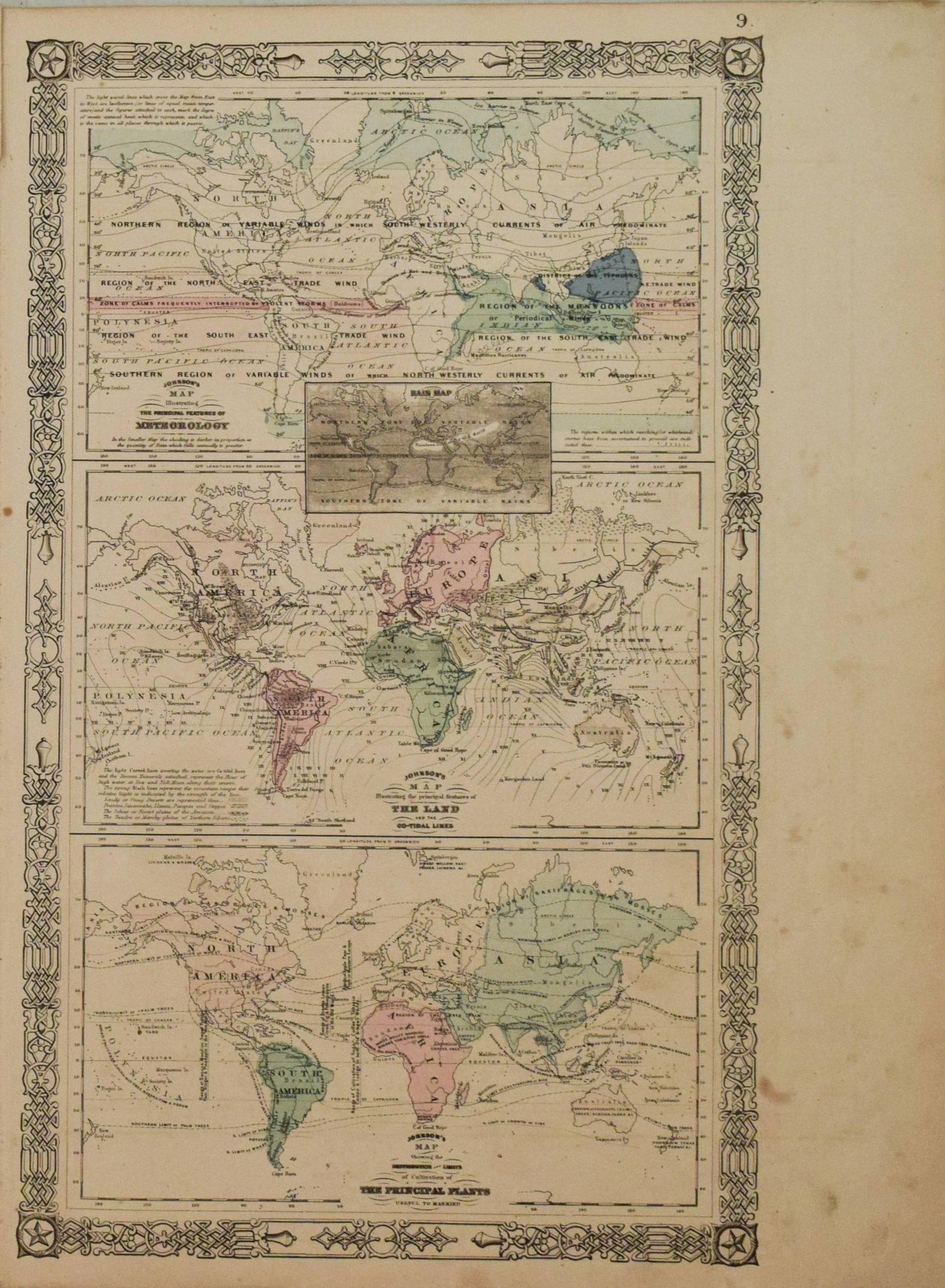 1866 Johnson Map of World Meteorology, The Land and The Principal Plants: Title:1866 Johnson Map of World Meteorology, The Land and The Principal Plants,li>Cartographer:Johnson and Ward Year/Place:1866, New York Map Dimension (in.):17 X 10.5 in. Description:This is a fascin