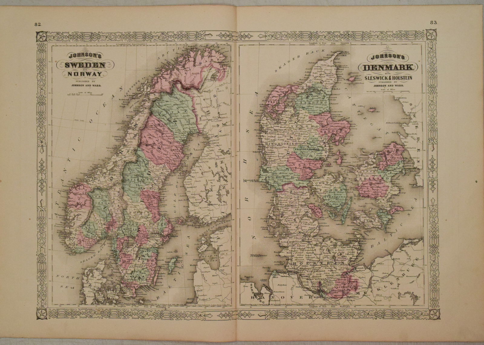 1866 Johnson Map of Sweden, Norway and Denmark -- Johnson's Sweden, Norway [on sheet with] Denmark: Title:1866 Johnson Map of Sweden, Norway and Denmark -- Johnson's Sweden, Norway [on sheet with] Denmark,li>Cartographer:Johnson & Ward Year/Place:1866, New York Map Dimension (in.):15.4 X 21.2 in. De