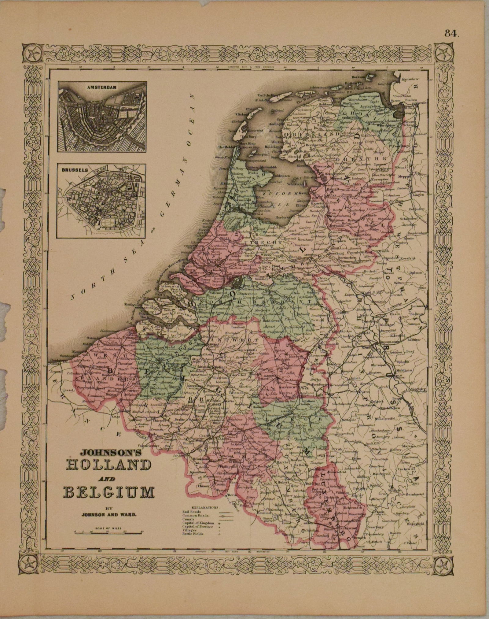 1866 Johnson Map of Holland and Belgium - Johnson's Holland and Belgium: Title:1866 Johnson Map of Holland and Belgium - Johnson's Holland and Belgium,li>Cartographer:Johnson & Ward Year/Place:1866, New York Map Dimension (in.):15.4 X 12.5 in. Description:This is a superb