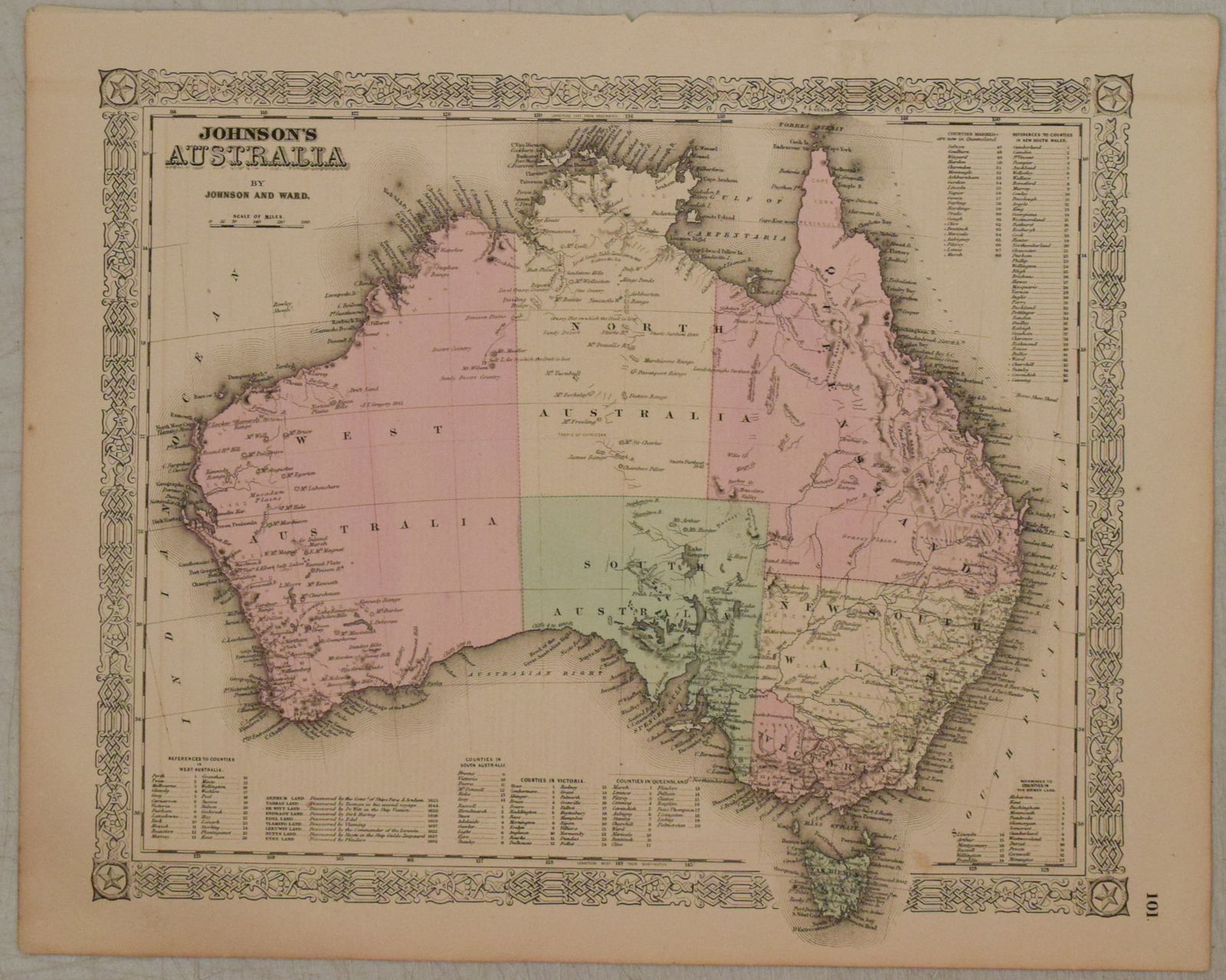 1866 Johnson's Map of Australia -- Johnson's Australia: Title:1866 Johnson's Map of Australia -- Johnson's Australia,li>Cartographer:Johnson & Ward Year/Place:1866, New York Map Dimension (in.):13.1 x 15.4 in. Description:This is an eloquent map showing si