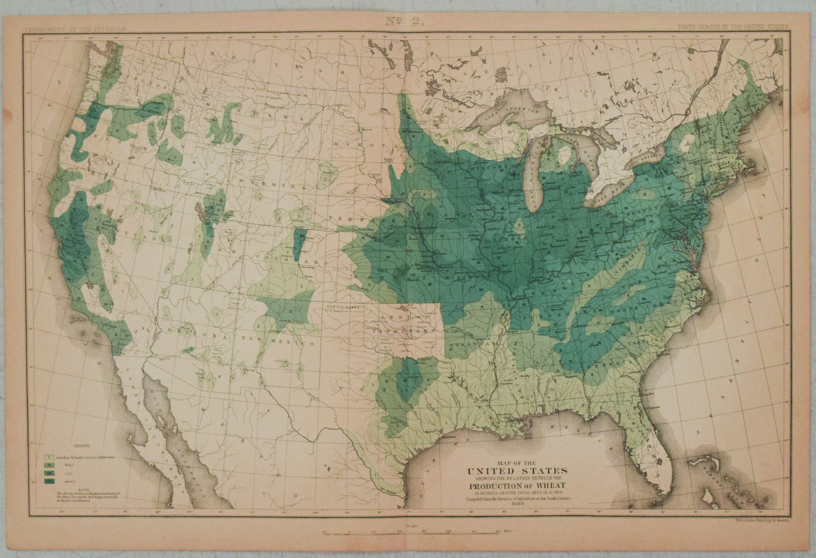 1880 US Census Map of Wheat Pruduction -- Map of the United States Showing the Relation Between the (1 of 1)