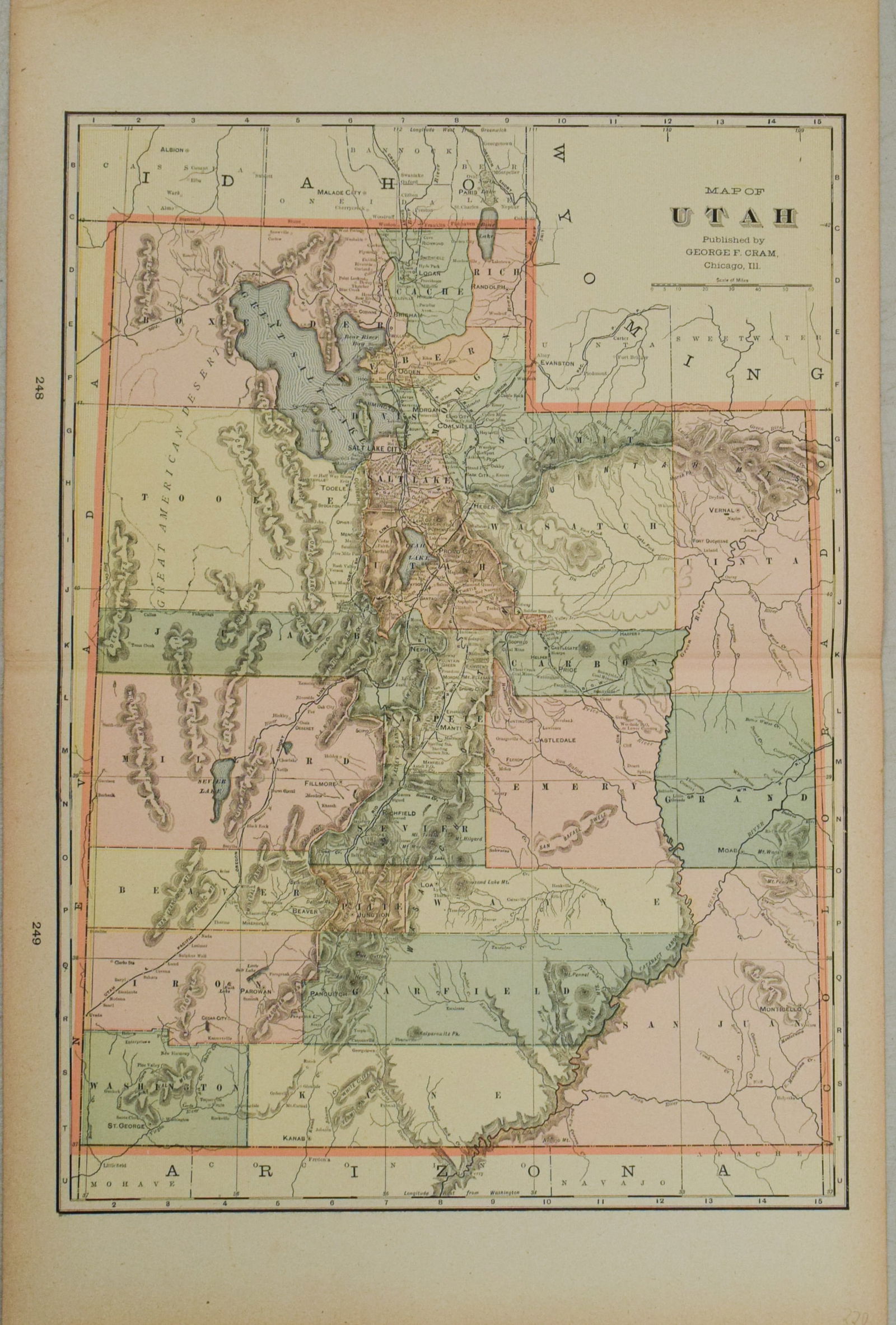 1894 Cram Map of Utah -- Map of Utah: Title:1894 Cram Map of Utah -- Map of Utah,li>Cartographer:G Cram Year/Place:1894 c., Chicago Map Dimension (in.):18.2 X 13 in Description:This is an excellent double-page map of Utah. The Pacific Rai