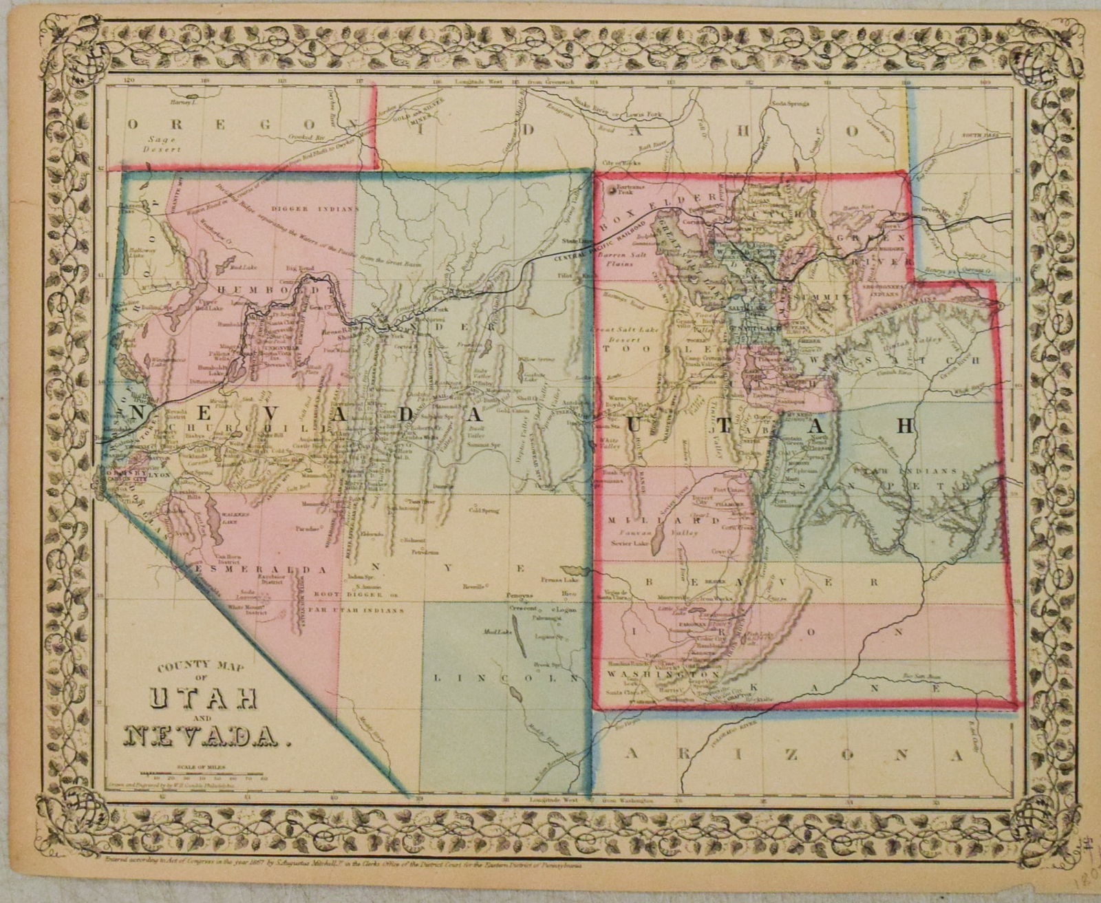 1867 Mitchell Map of Utah and Nevada -- County Map of of Utah and Nevada: Title:1867 Mitchell Map of Utah and Nevada -- County Map of of Utah and Nevada,li>Cartographer:S Mitchell Year/Place:1867, Philadelphia Map Dimension (in.):11.4 X 14.1 in. Description:This is a very n