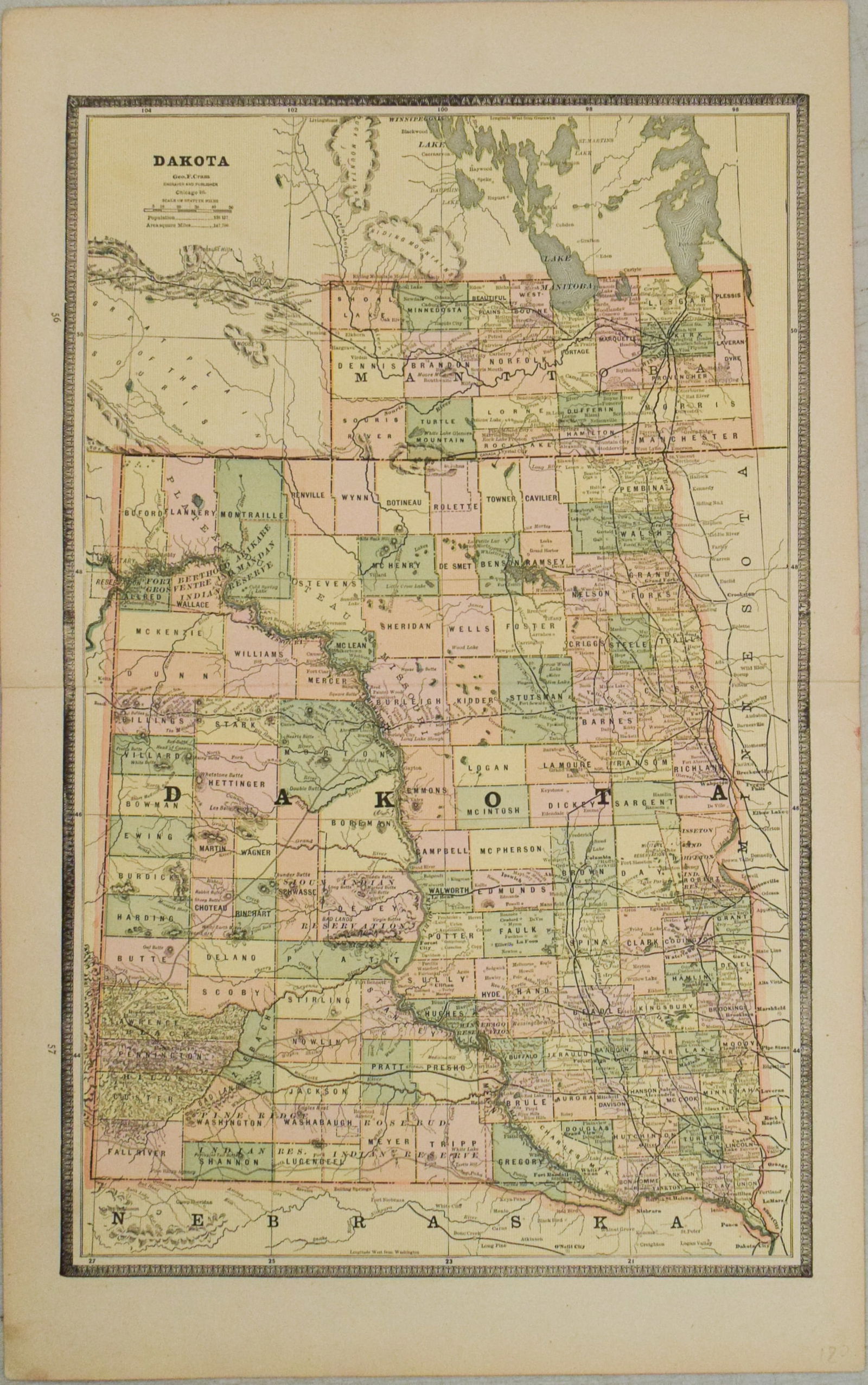 1886 Cram Map of Dakota Territory -- Dakota: Title:1886 Cram Map of Dakota Territory -- Dakota,li>Cartographer:G Cram Year/Place:186 c., Chicago Map Dimension (in.):18.5 X 11.8 in. Description:This is a very nice double-page map of the Dakotas a