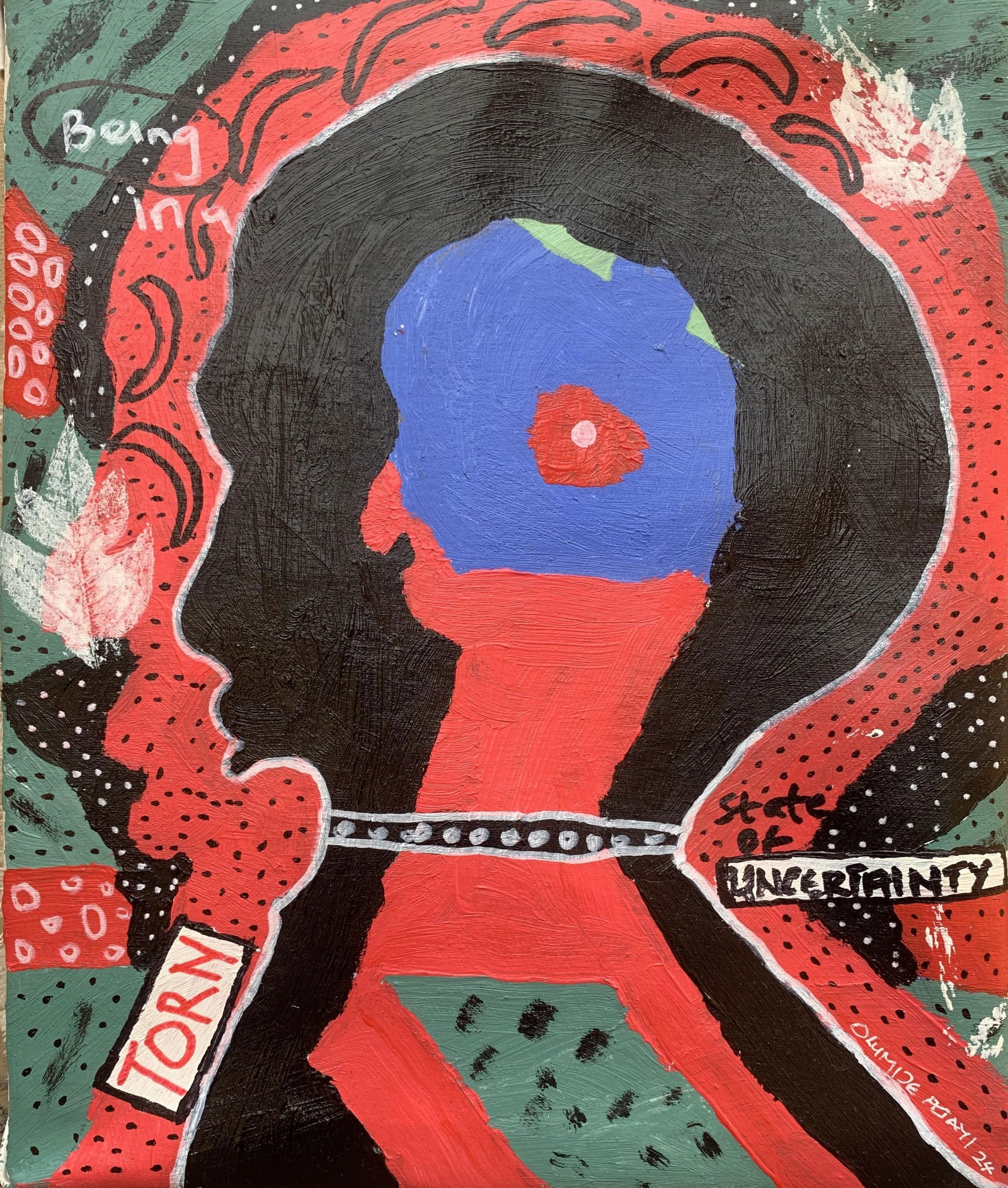 Olumide Ajayi, Torn (Tired) -21st Century, Contemporary, Abstract Pop Culture, People Miniature,: Creator: Olumide Ajayi (1996, Nigerian) Creation Year: 2024 Dimensions: Height: 12 in (30.48 cm)Width: 10 in (25.4 cm)Depth: 1 in (2.54 cm) Medium: Canvas,Ink,Acrylic Movement & Style: Abstract Expres