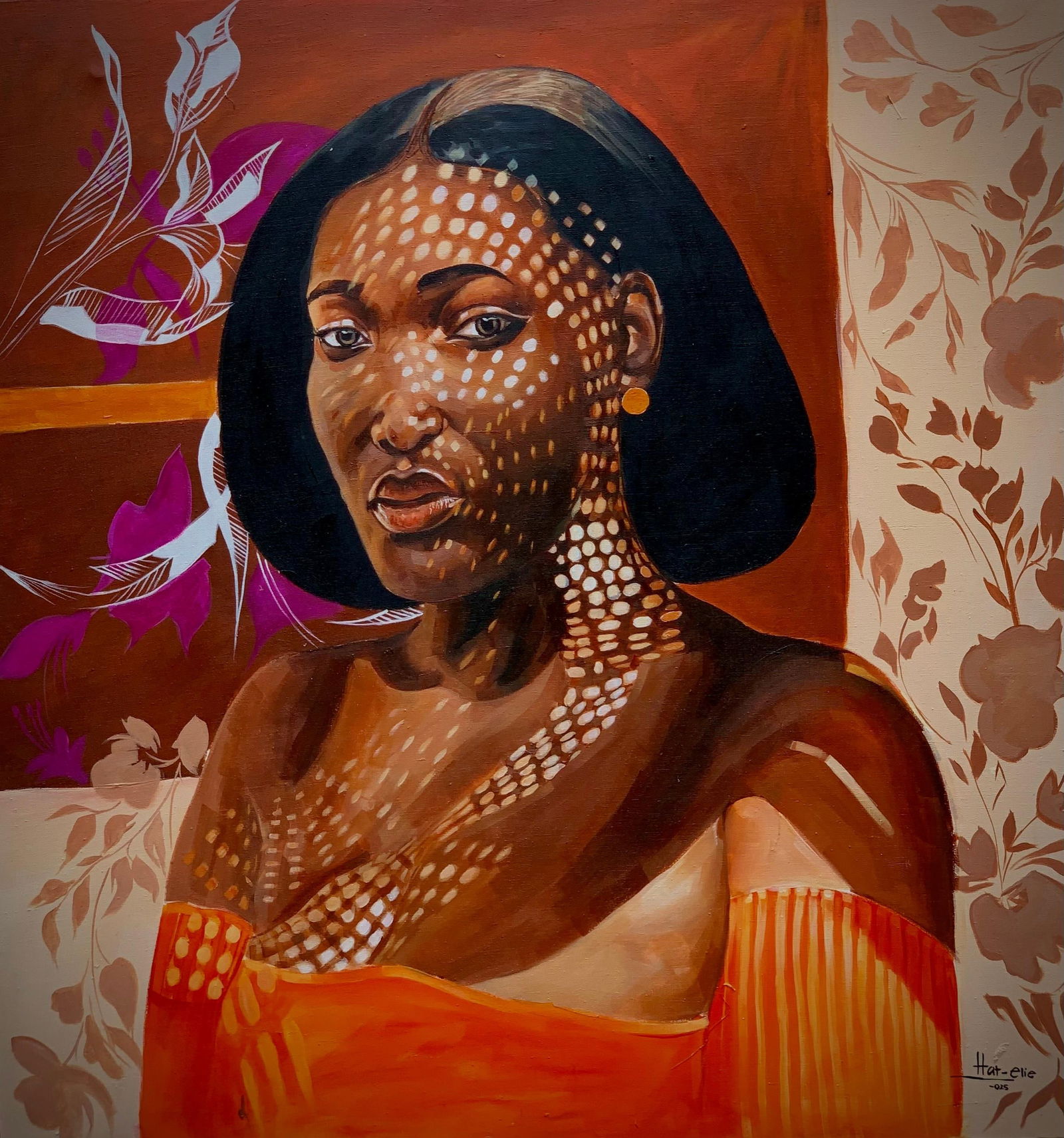 Elie HATUNGIMANA, Dancing Shadows -21st Century, Contemporary, Figurative Portrait, Fashion, Women,: Creator: Elie HATUNGIMANA (1998, African) Creation Year: 2025 Dimensions: Height: 31.5 in (80.01 cm)Width: 29.5 in (74.93 cm)Depth: 1 in (2.54 cm) Medium: Canvas,Acrylic Movement & Style: Expressionis