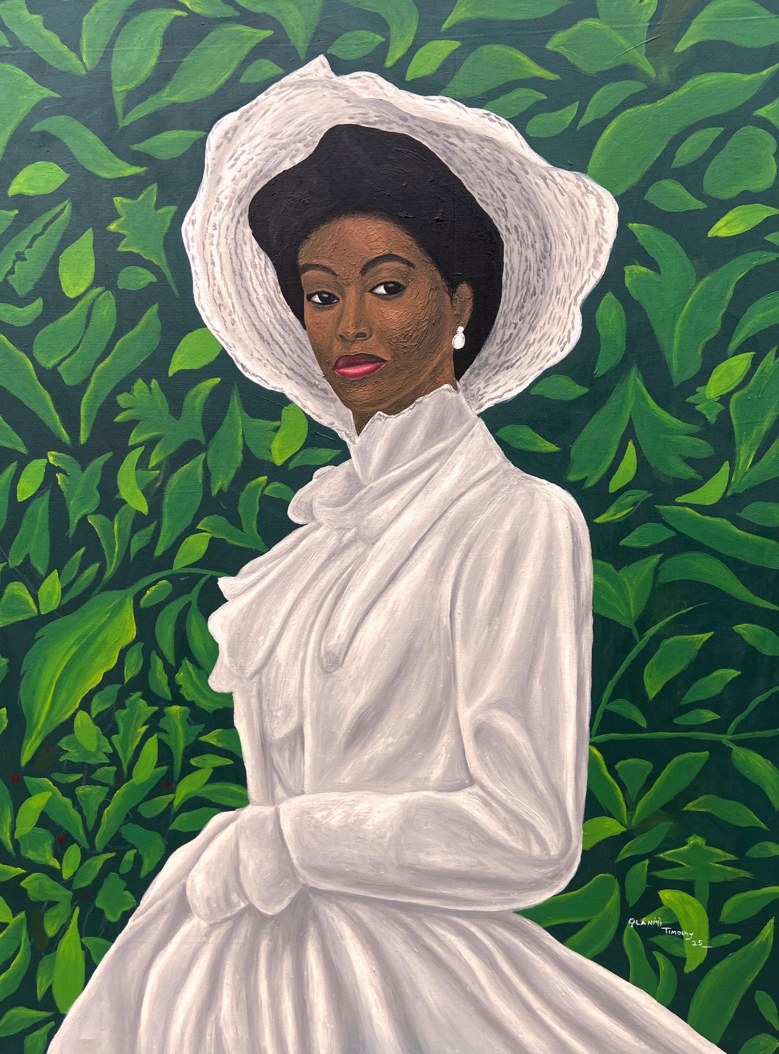Olaniyi Timothy, Lady In White 1 - 21st Century Contemporary, Figurative, Portrait, Women, Modern,: Creator: Olaniyi Timothy (2003, Nigerian) Creation Year: 2025 Dimensions: Height: 48 in (121.92 cm)Width: 36 in (91.44 cm)Depth: 1 in (2.54 cm) Medium: Canvas,Acrylic Movement & Style: Expressionist P