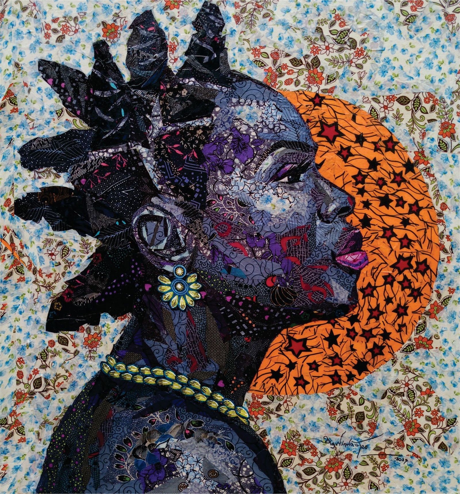 Agwunwa Theophilus, Ray of Hope -21st Century, Contemporary, Figurative, Portrait, Woman, African,: Creator: Agwunwa Theophilus (1990, Nigerian) Creation Year: 2025 Dimensions: Height: 40 in (101.6 cm)Width: 36 in (91.44 cm)Depth: 1 in (2.54 cm) Medium: Fabric,Canvas Movement & Style: Surrealist Per