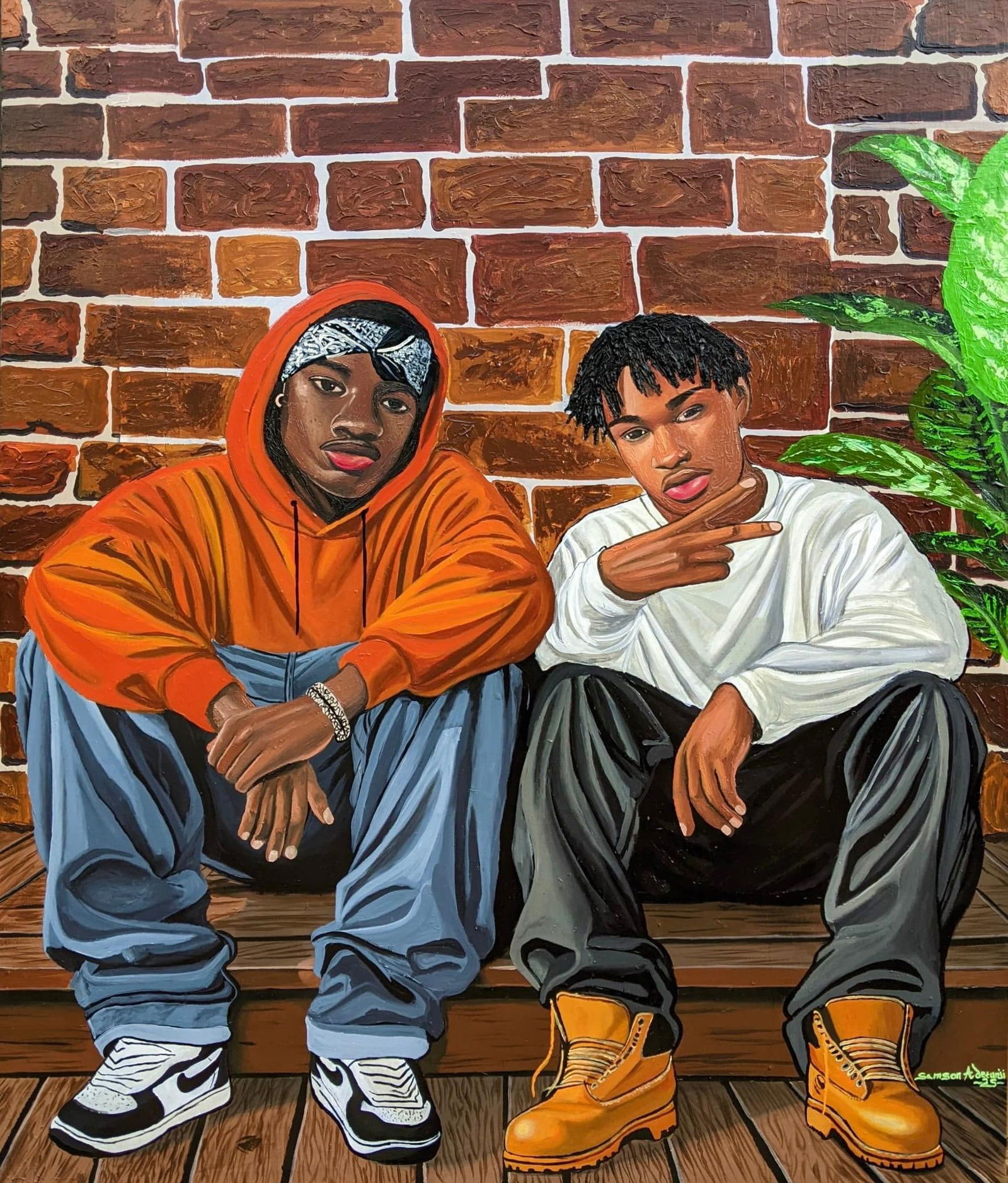 Samson Adetunji, Other Day With My Brother - 21st Century, Contemporary, Figurative Portrait, Men,: Creator: Samson Adetunji (2001, Nigerian) Creation Year: 2025 Dimensions: Height: 60 in (152.4 cm)Width: 48 in (121.92 cm)Depth: 1 in (2.54 cm) Medium: Oil,Canvas,Acrylic Movement & Style: Contemporar