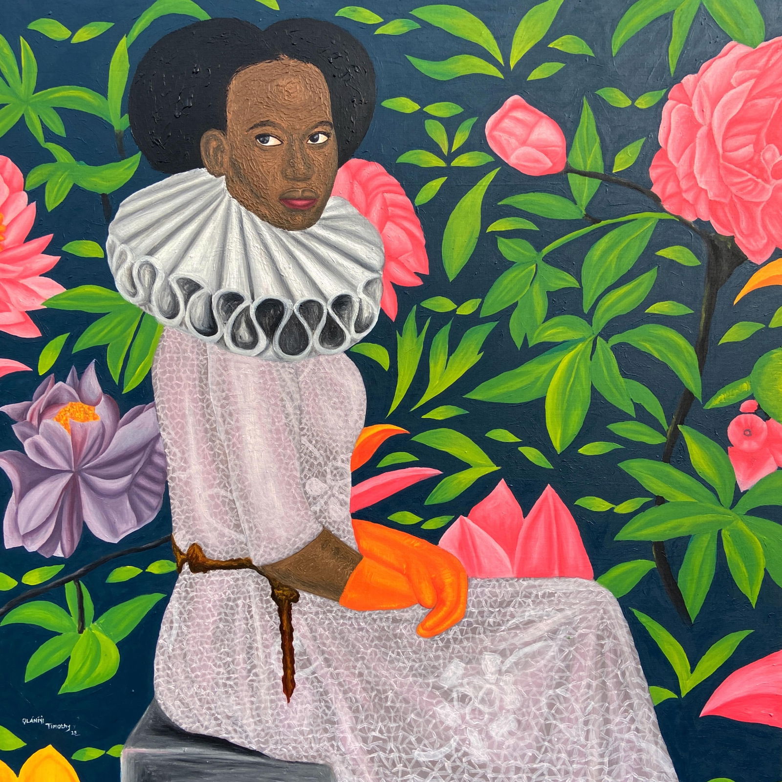 Olaniyi Timothy, In Her Solace - 21st Century Contemporary, Figurative, Portrait, Women, Modern,: Creator: Olaniyi Timothy (2003, Nigerian) Creation Year: 2025 Dimensions: Height: 48 in (121.92 cm)Width: 48 in (121.92 cm)Depth: 1 in (2.54 cm) Medium: Canvas,Acrylic Movement & Style: Expressionist