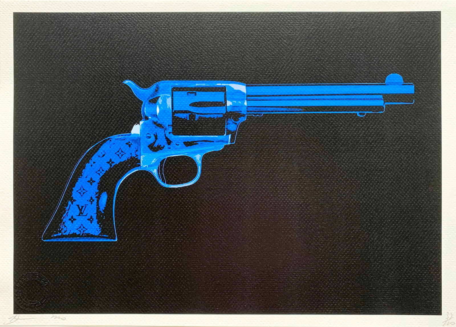 Death NYC Louis Vuitton Gun: Title:Death NYC Louis Vuitton Gun Date/Period:21st Century Materials:Giclee on Fine art 300 gsm paper Size:17 3/4 x 12 1/2 inches, Description:Artist: Death NYC, limited edition giclee on paper, out o