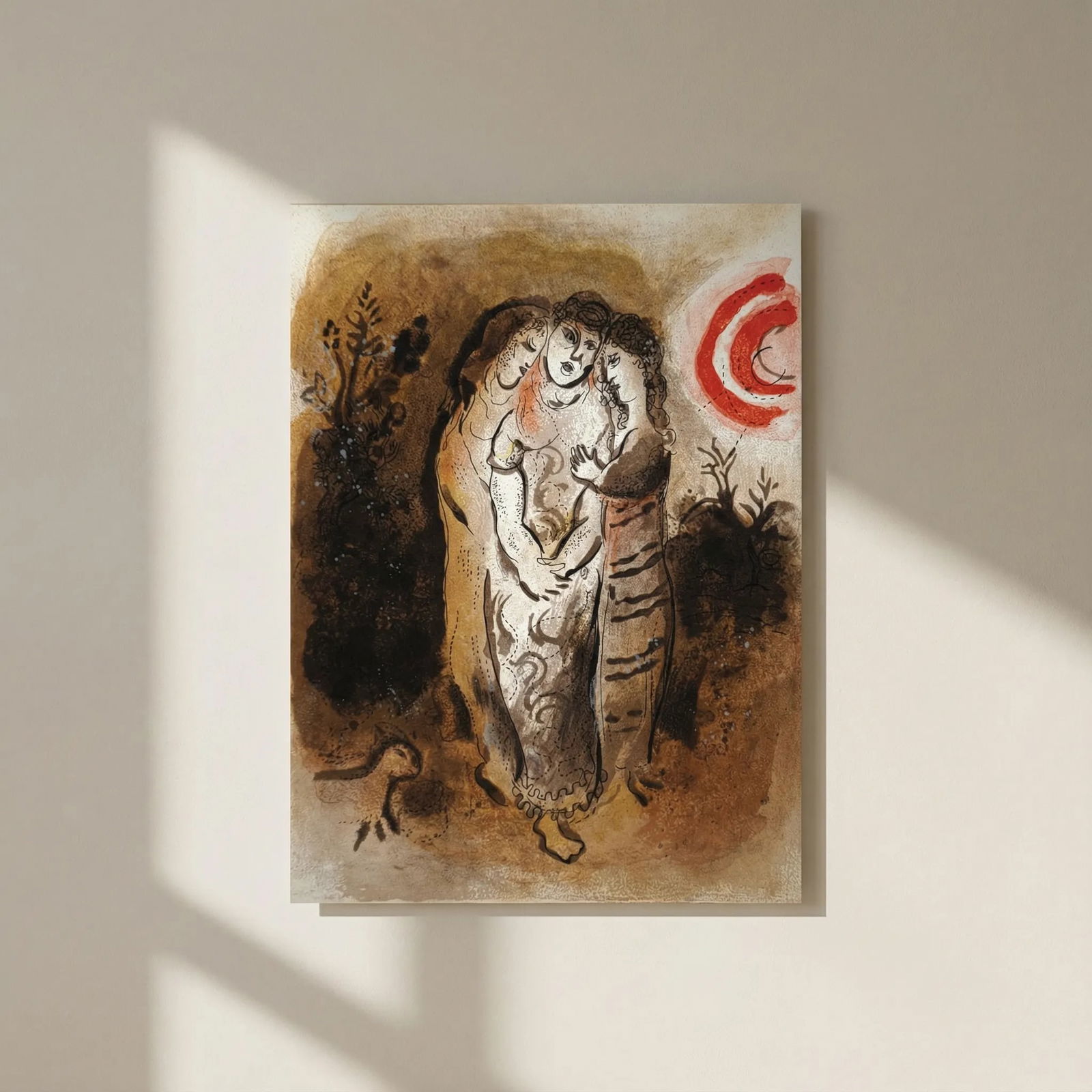 Chagall Lithograph Naomi and her daughters in law 1960 Drawing for Bible: Title: Chagall Lithograph Naomi and her daughters in law 1960 Drawing for Bible Artist: Chagall Description: Artist: Marc Chagall Country: Russia Title: Naomi & her daughters in law Medium: Color