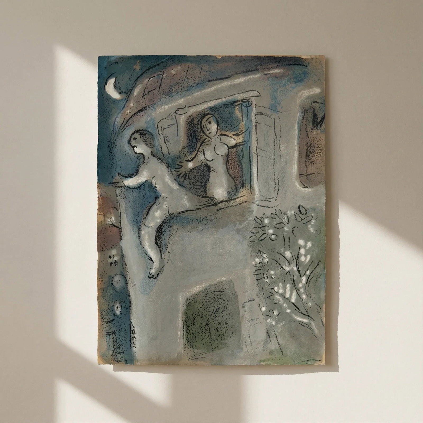 Chagall Lithograph Bible 1960 David Saved by Michal: Title: Chagall Lithograph Bible 1960 David Saved by Michal Artist: Chagall Description: Artist: Marc Chagall Country: Russia Title: David Saved by Michal Medium: Color Lithograph Marks: Not signed or