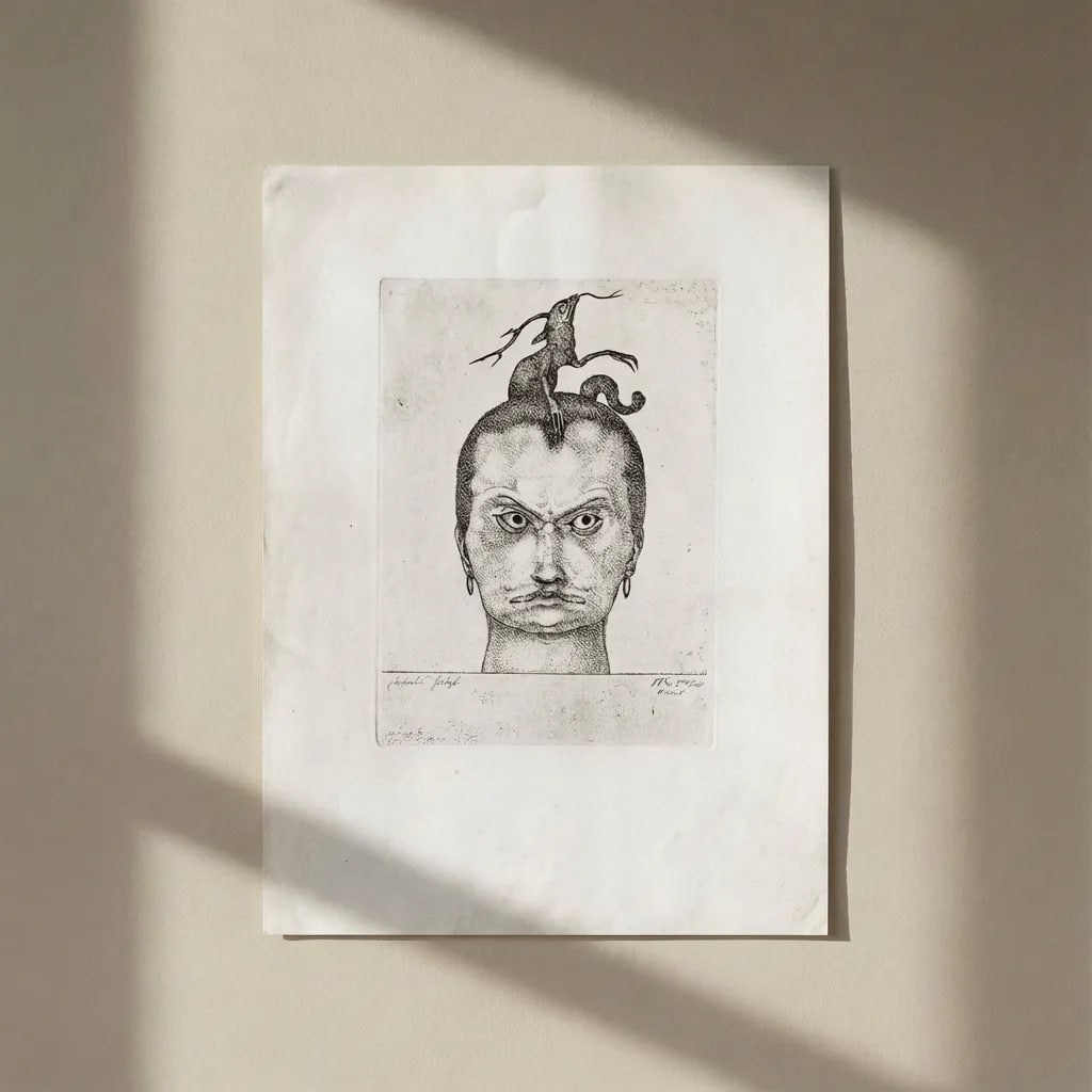 1947 Paul Klee Engraving 6 Head of Menace 1905: Title: 1947 Paul Klee Engraving 6 Head of Menace 1905 Artist: Klee Description: Artist: Paul Klee Country: Swiss / Germany Title: Head of Menace 1905 Medium: Engraving - 6 printed: 1947 by Meriden Gra