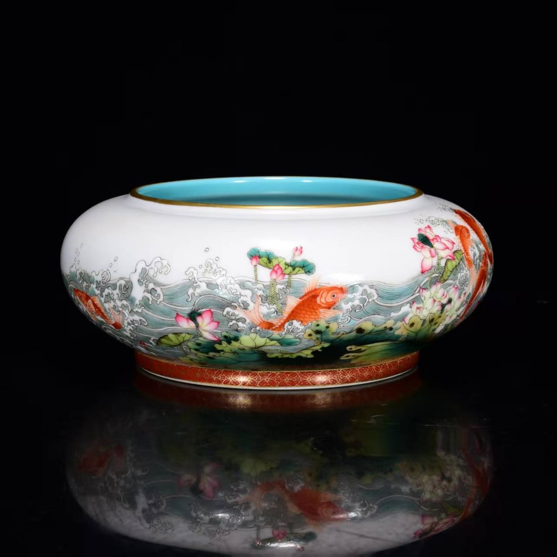 Chinese Gilt Gold Famille Rose Fish & Lotus Porcelain Brush Washer w Qianlong Mark: Title: Chinese Gilt Gold Famille Rose Fish & Lotus Porcelain Brush Washer w Qianlong Mark Date/Period: After1900 Origin: Chinese Dimension: 190x80(mm) 7.48x3.15(inches) Materials: Porcelain Reserve: $