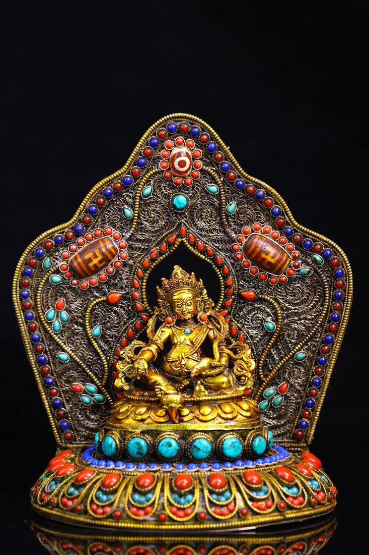 Old Tibetan Gilt Gold Copper Yellow Jambhala Statue w Silver Wires Inlay DZI Agate & Turquoise Base: Title: Old Tibetan Gilt Gold Copper Yellow Jambhala Statue w Silver Wires Inlay DZI Agate & Turquoise Base Date/Period: After1900 Origin: Chinese Dimension: 195 x 170 (mm) 7.68 x 6.69 (inches) Weight: